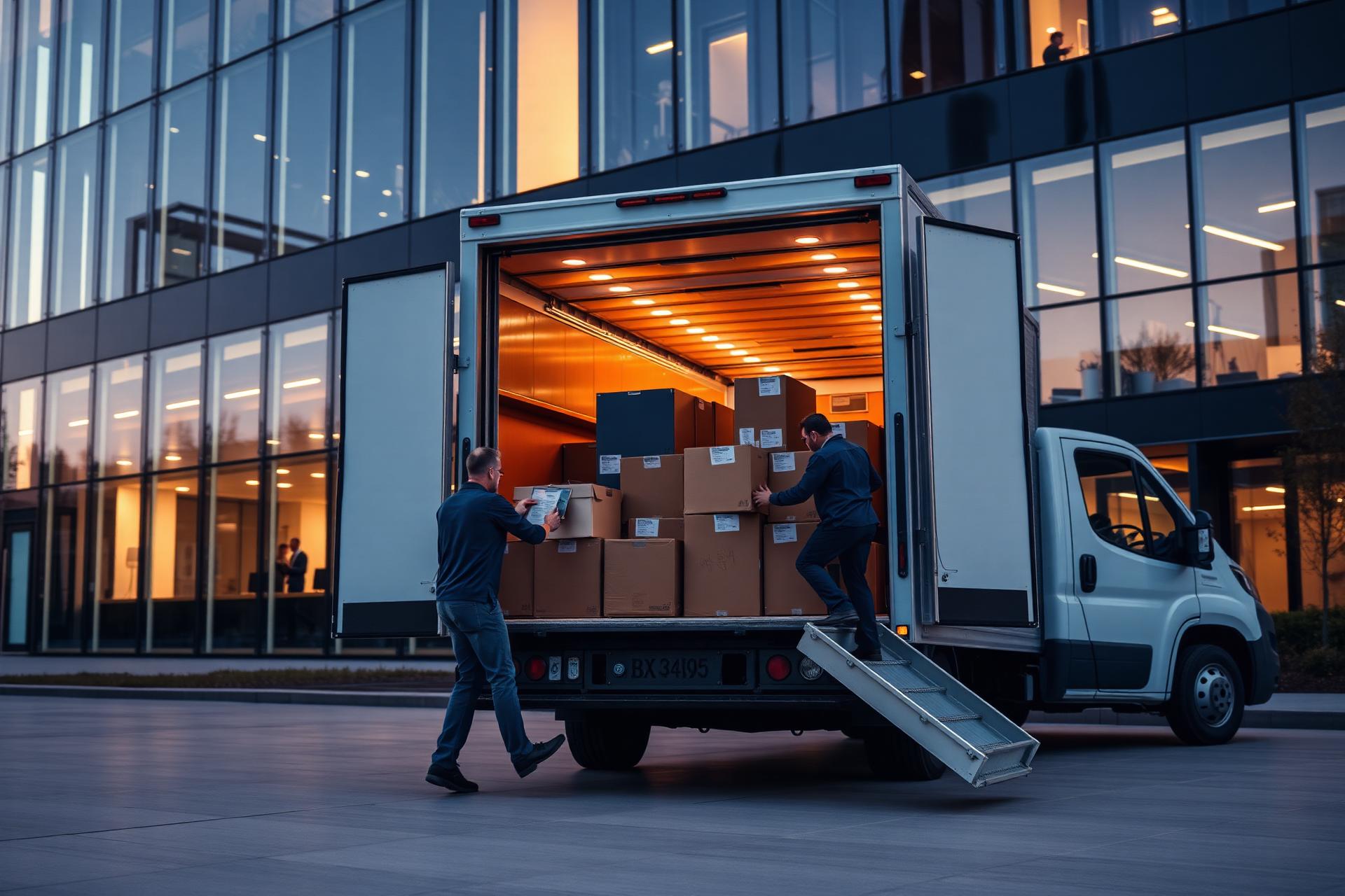 Office movers loading a truck at a commercial building
