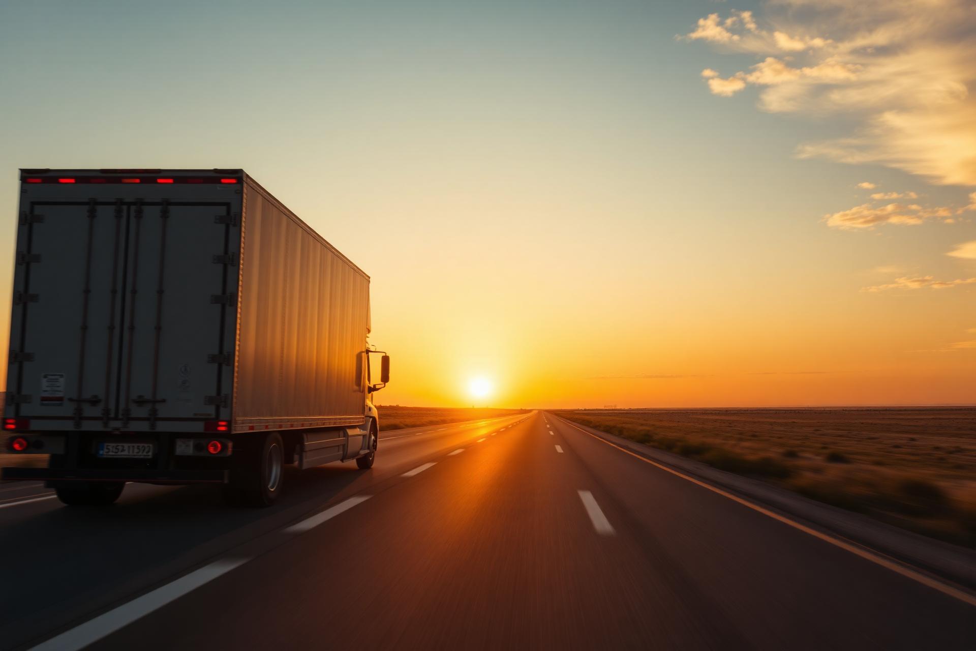 Long-distance moving truck on a Texas highway at sunset