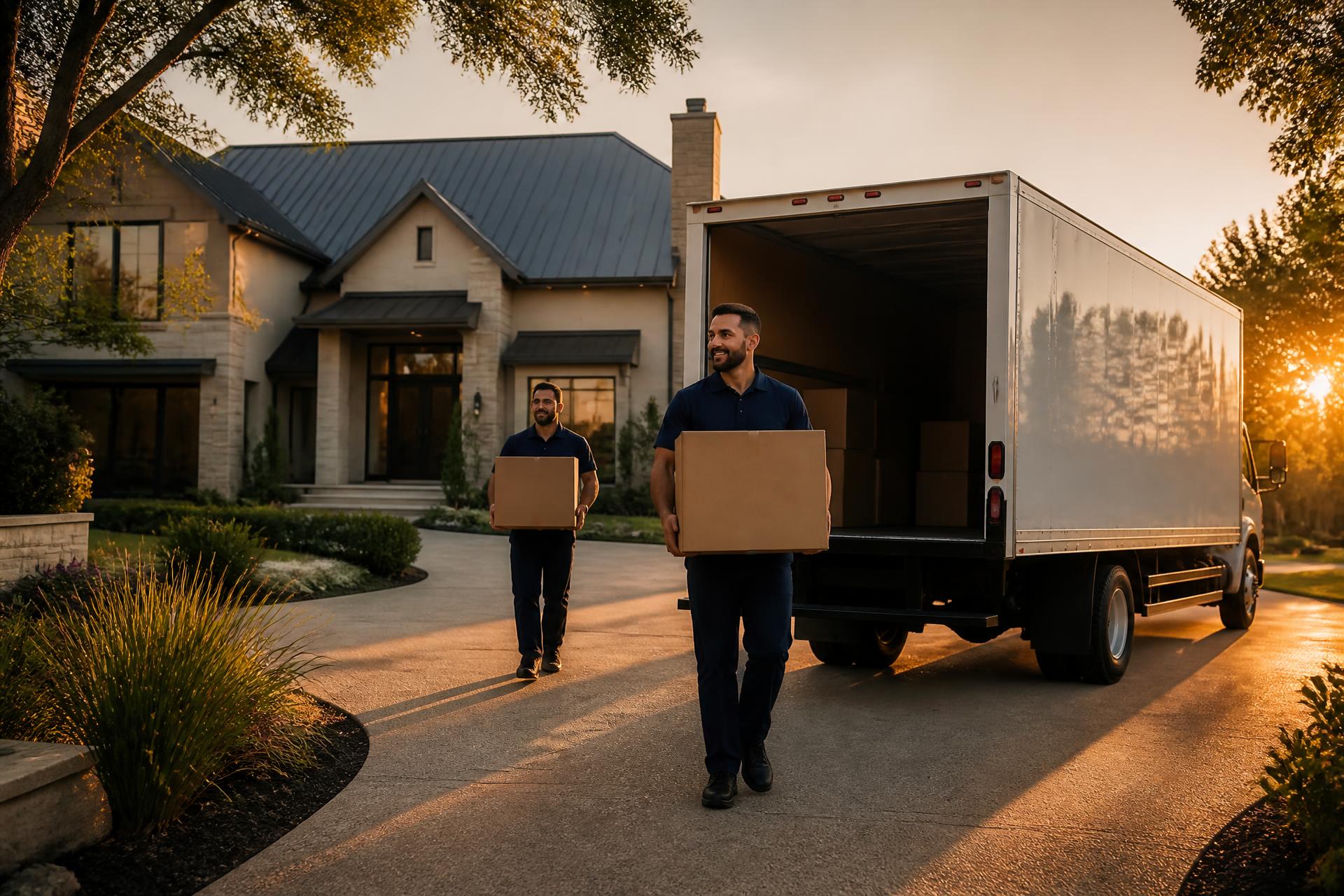 Movers unloading a truck at a modern Texas home